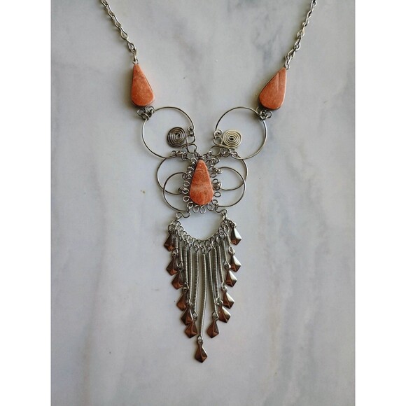 Vintage Hand-Made Peruvian Wire-Work Necklace, Orange Jasper - Picture 2 of 8